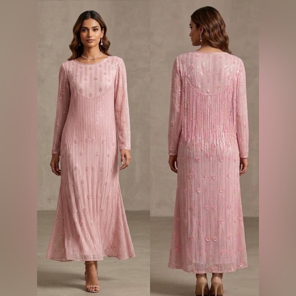 Vintage Star Light Pink Silk Beaded Gown Art Deco Flapper Style Size L Fits M/L